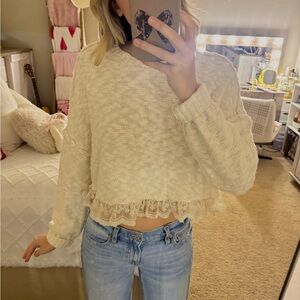 Altar'd State Cream Sweater with Lace Hem